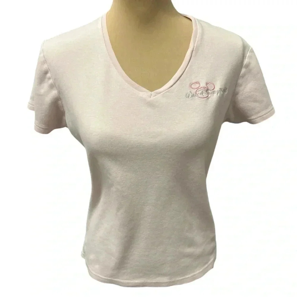 DISNEY WALT DISNEY WORLD PASTEL PINK V-NECK TEE SHORT SLEEVE SIZE LARGE SEE NOTE